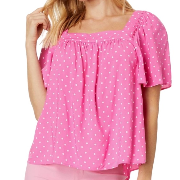 Draper James Maren Top Blouse Bubblegum Pink Polka Dot 100% Rayon Breezy Flowy - Picture 3 of 15